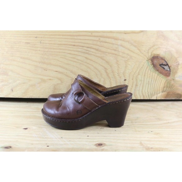 Born Shoes - Born Shoes 8 Womens Brown 39 Leather Mules Clogs Wedge Slip Ons Comfort